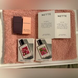 104- Bundle 6 perfume samples (7 virtues/nette/boy smells) and pink makeup bag